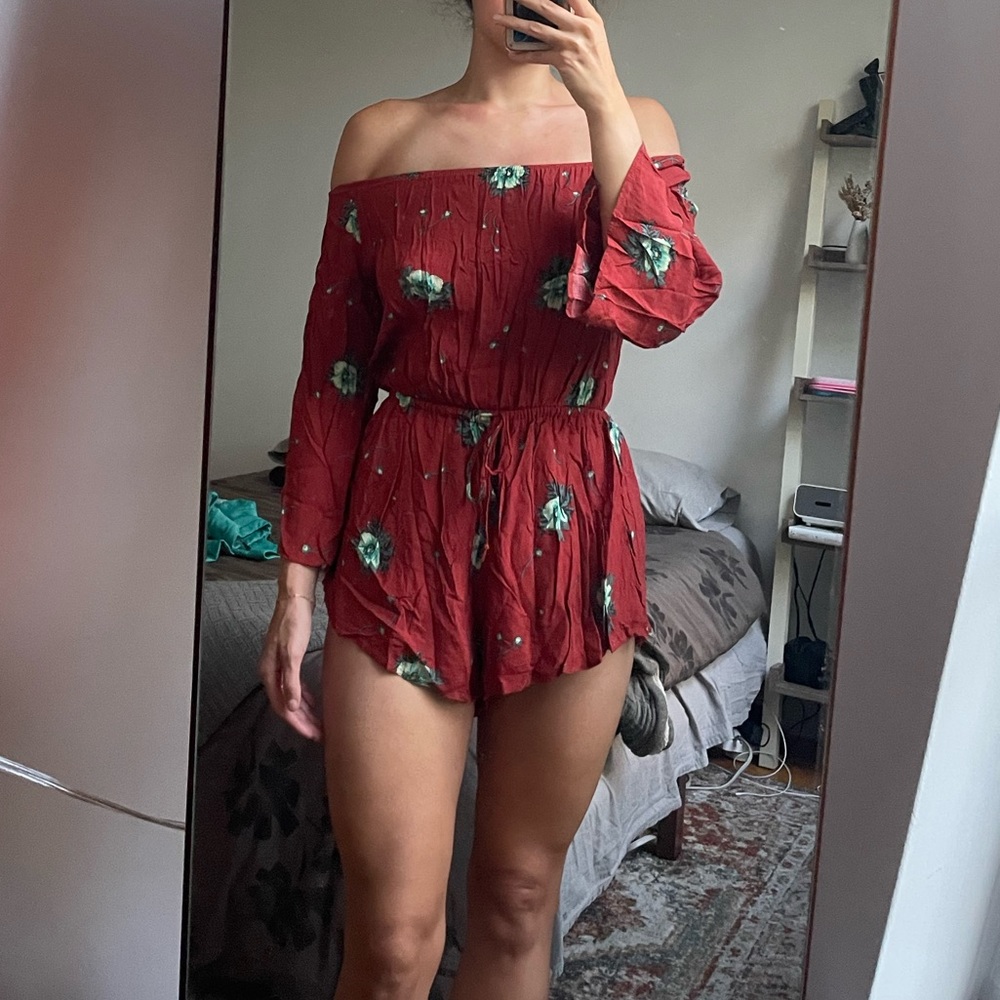 REVERSE Off Shoulder Romper - Burnt Orange with Blue/Green Florals (L)